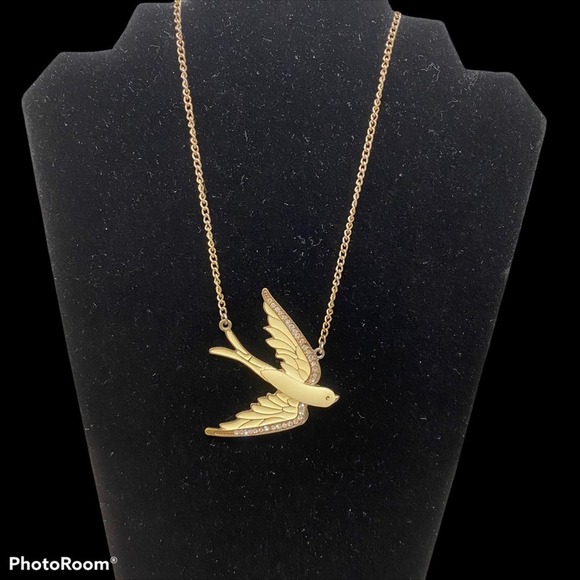 Gold and Ivory Enamel Flying Peace Dove Bird with Rhinestones Necklace - Picture 2 of 6